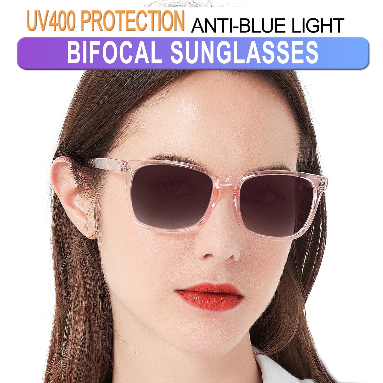 MARE AZZURO Bifocal Reading Sunglasses Women Trendy Square Outdoor Readers 0.0 1.0 1.5 2.0 2.5 3.0 3.5 4.0 (Pink, 1.00)