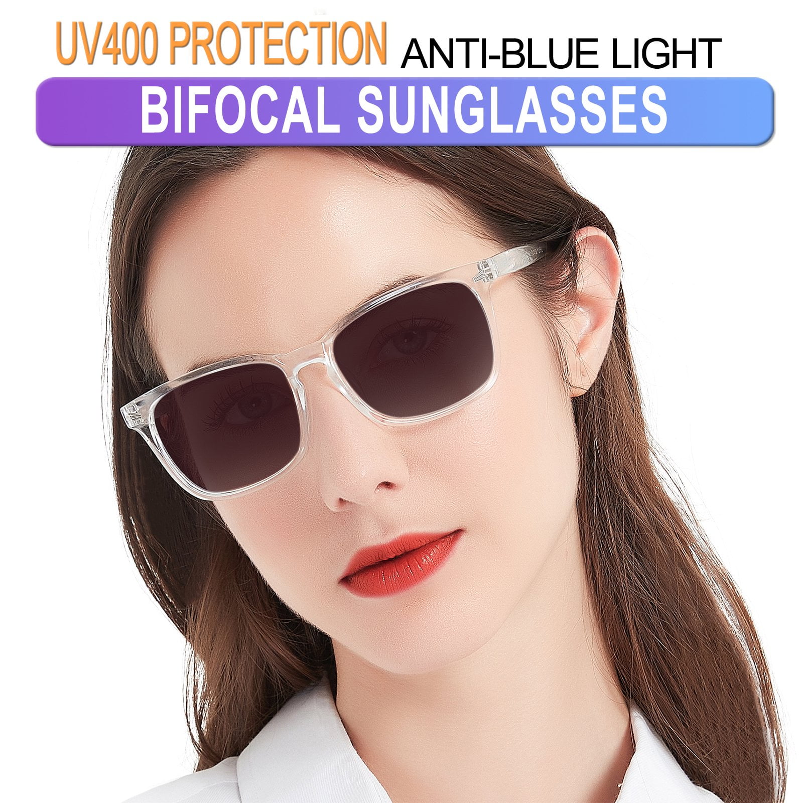 MARE AZZURO Bifocal Reading Sunglasses Women Trendy Square Outdoor Readers 0.0 1.0 1.5 2.0 2.5 3.0 3.5 4.0 (Transparent, 1.00)