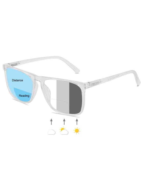 Photochromic Bifocal Reading Glasses Men Blue Light Blocking Readers Sunglasses (Transparent) with Polycarbonate Lens