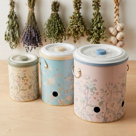 MARIA ROMA 3-Piece Potato and Onion Storage Bin Set with Garlic Keeper, Vented Metal Potato Canister & Vegetable Storage Containers, Farmhouse Vintage Pantry Organizer