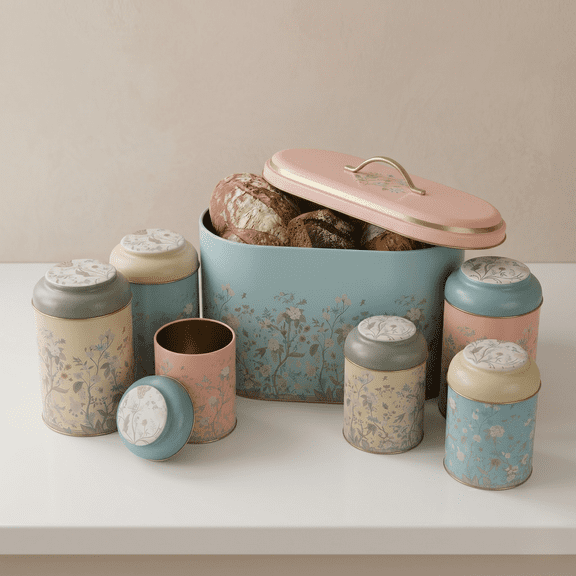 MARIA ROMA 7 Pcs Bread Box Set for Kitchen Countertop and Canisters Sets for the Kitchen Ideal for Bread Basket Sugar Container Coffee Canister Tea Tin Breadbox Vintage and Rustic Model