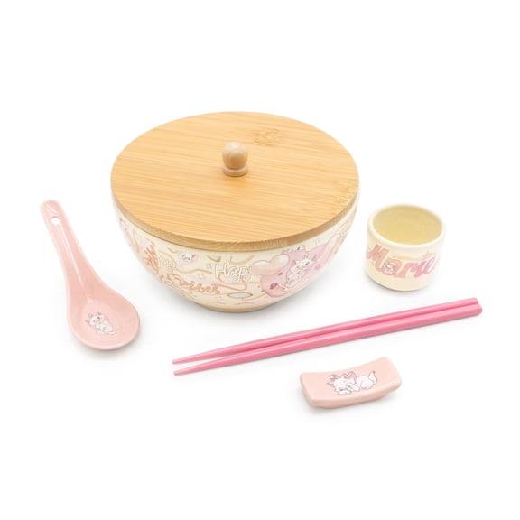CultureFly Aristocats Marie Cat Deluxe Ramen Set, 24 oz Bowl, Chopsticks, Glass & Spoon, Officially Licensed