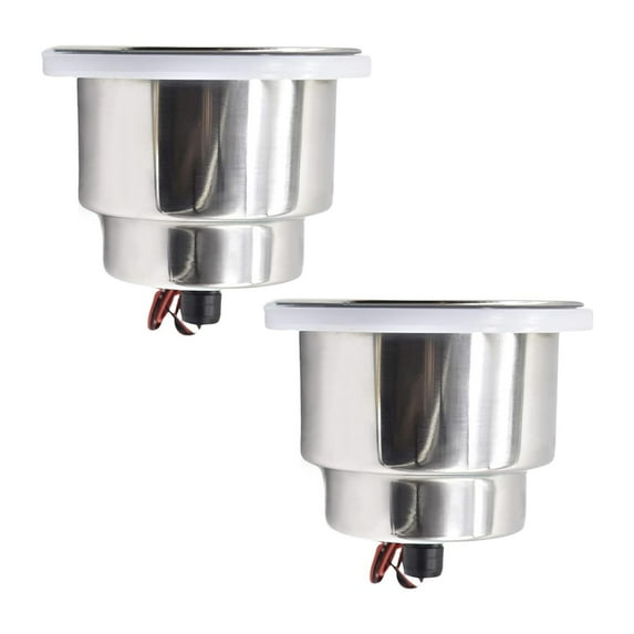 MARINE CITY Green LED Light Cup Holder with Center Drain, Stainless Steel, Durable, Corrosion-Resistant, Easy Installation for Boats, Poker Tables, Yachts, Ships Pack of 2