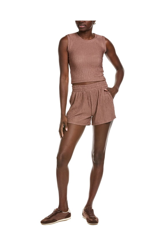 MARION womens  2pc Crinkle Crop Top & Short Set, s, Brown
