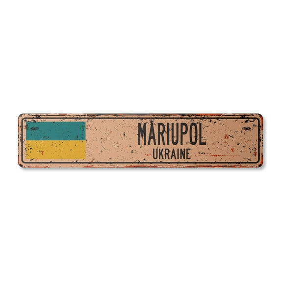 MARIUPOL UKRAINE Vintage Plastic Street Sign Ukrainian flag city country road wall gift | Indoor/Outdoor | 24" Wide