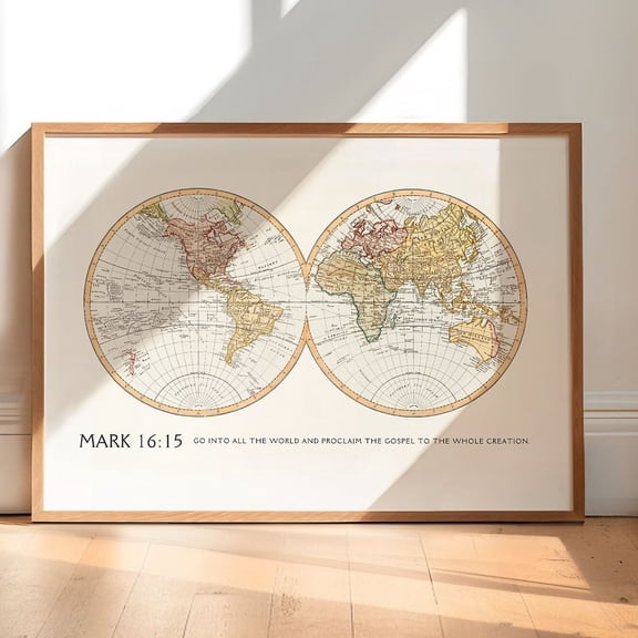MARK 16:15 Vintage World Map Print Christian Wall Art Print Wall Art Bible Verse Wall Art Landscape Mural Art Scripture Home Decor