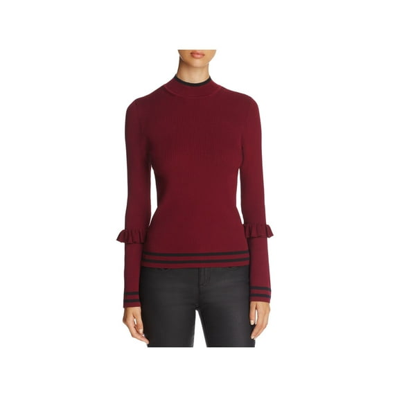 MARLED REUNITED CLOTHING Womens Burgundy Ribbed Fitted Ruffle Trim Long Sleeve Mock Neck Blouse L