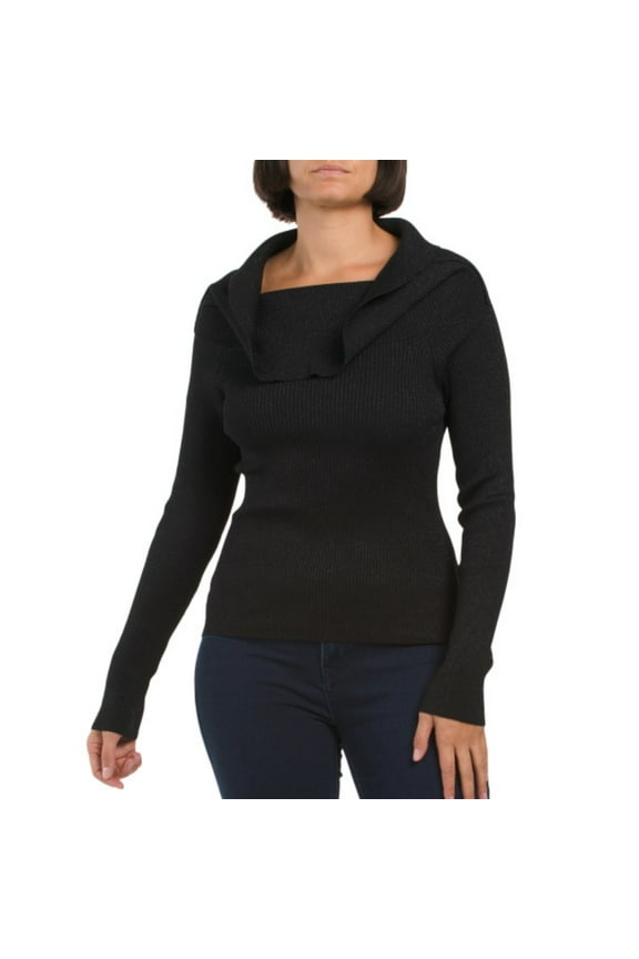 MARLED Women's Lurex Rib Knit Marilyn Neck Pull Over Sweater (Black, L)