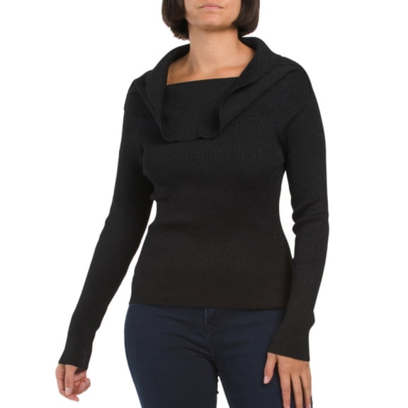 MARLED Women's Lurex Rib Knit Marilyn Neck Pull Over Sweater (Black, XL)