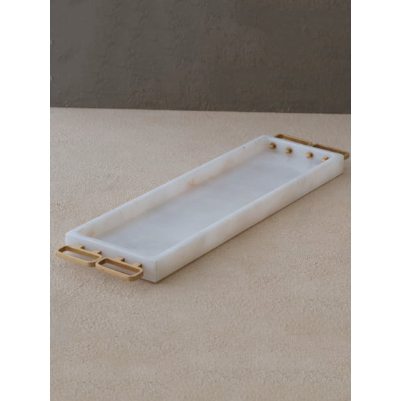 MARLETH White Marble Serving Tray with Gold Handles, Decorative Rectangular Tray