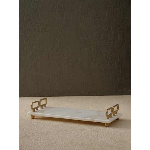 MARLETH White Marble Tray with Gold Handles, Decorative Rectangular Serving Tray