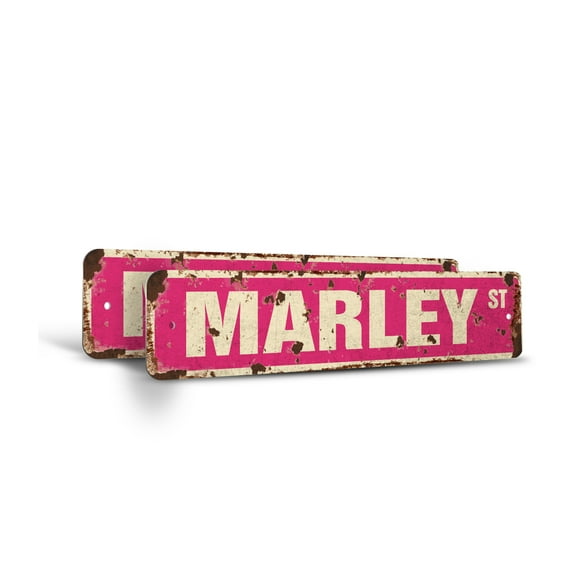 MARLEY Vintage Style Rustic Street Sign – (2 Pack) Childrens Name Room Sign Retro Decorative Wall Sign for Home, Bar, Garage, or Outdoor Use | 6" X 24" Plastic Road Sign
