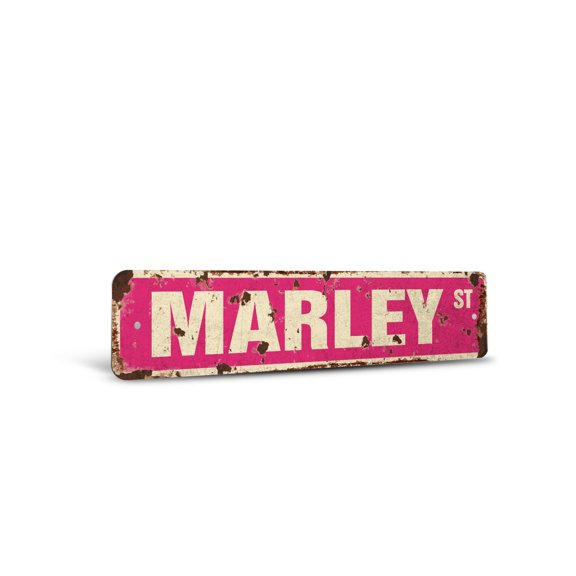 MARLEY Vintage Style Rustic Street Sign – Childrens Name Room Sign Retro Decorative Wall Sign for Home, Bar, Garage, or Outdoor Use | 6" X 24" Aluminum Metal Road Sign