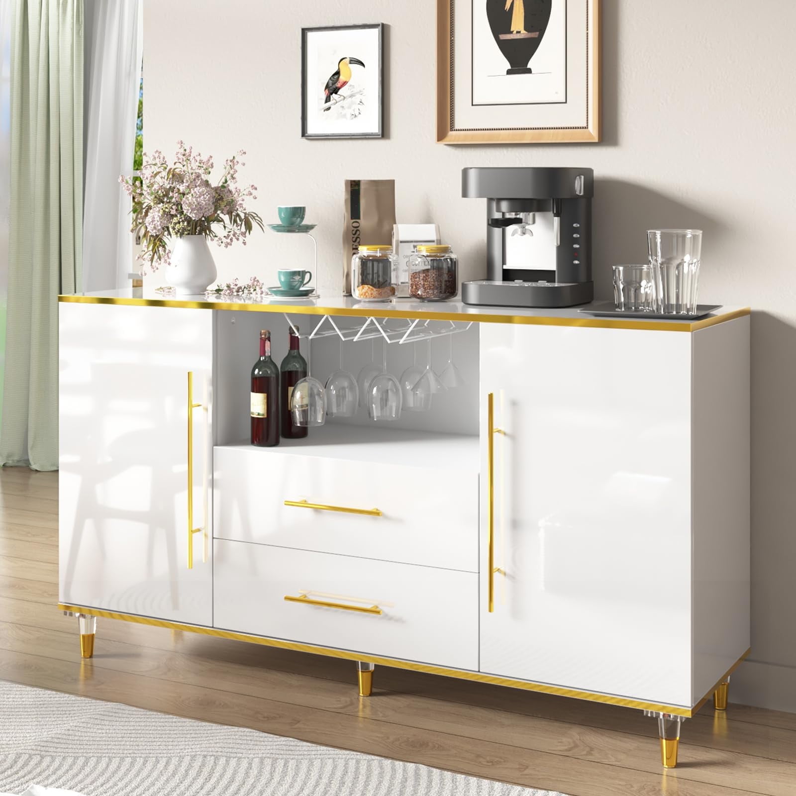 MARNUR Sideboard Buffet Cabinet, 55" Coffee Bar Cabinet with 2 Drawers and Wine Glass Holder for Kitchen Dining Room Living Room, White