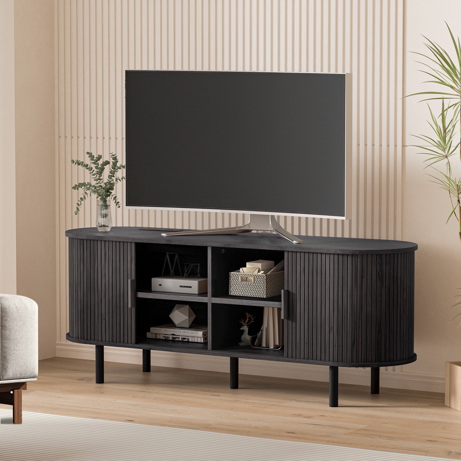 MARNUR 55 TV Stand for 60 TV Wood Entertainment Center with Storage and Shelves 2 Sliding Tambour Doors Mid Century Modern