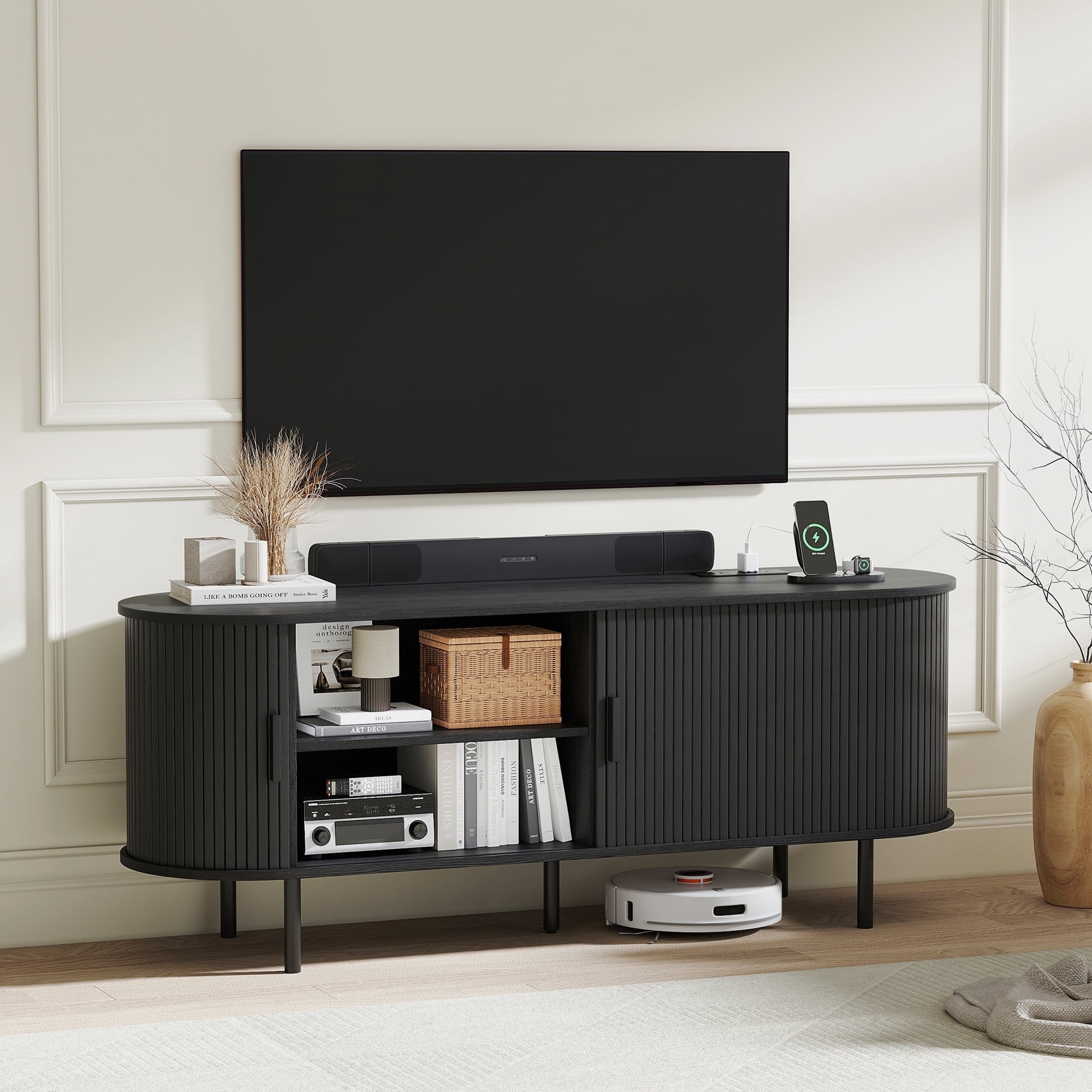 MARNUR 55" TV Stand for 60" TV, Wood Entertainment Center with Storage and Shelves, 2 Sliding Tambour Doors, Mid-Century Modern, Black