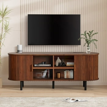 MARNUR 55" TV Stand for 60" TV, Wood Entertainment Center with Storage and Shelves, 2 Sliding Tambour Doors, Mid-Century Modern