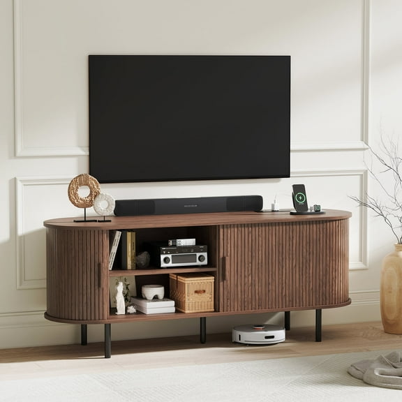 MARNUR 55" TV Stand for 60" TV, Wood Entertainment Center with Storage and Shelves, 2 Sliding Tambour Doors, Mid-Century Modern