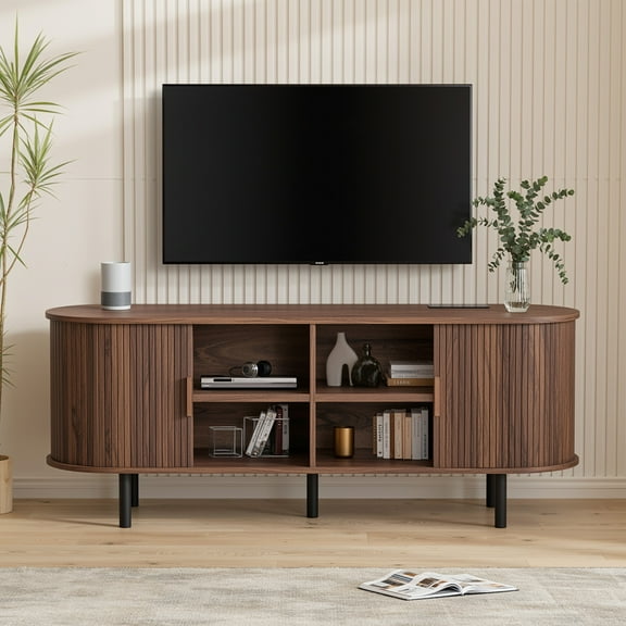 MARNUR 55" TV Stand for 60" TV, Wood Entertainment Center with Storage and Shelves, 2 Sliding Tambour Doors, Mid-Century Modern
