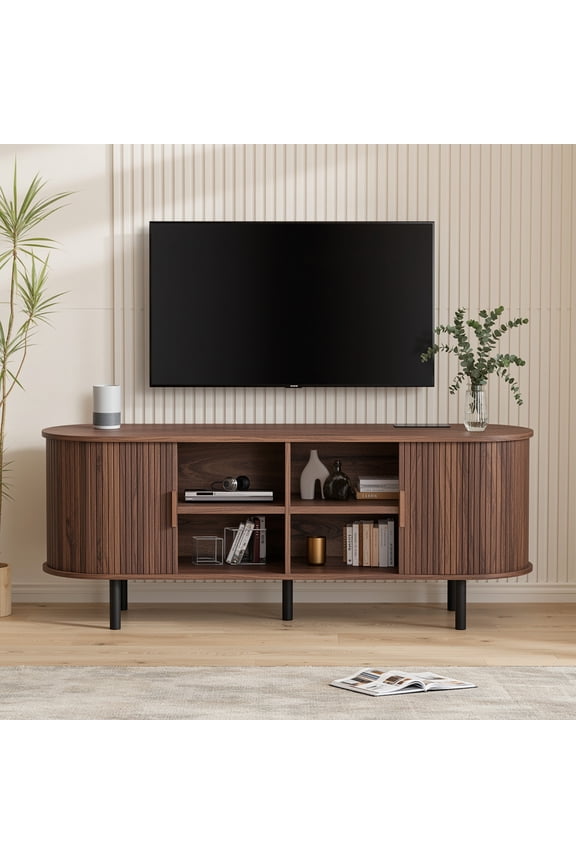 55" TV Stand for 60" TV, Wood Entertainment Center with Storage and Shelves, 2 Sliding Tambour Doors, Mid-Century Modern