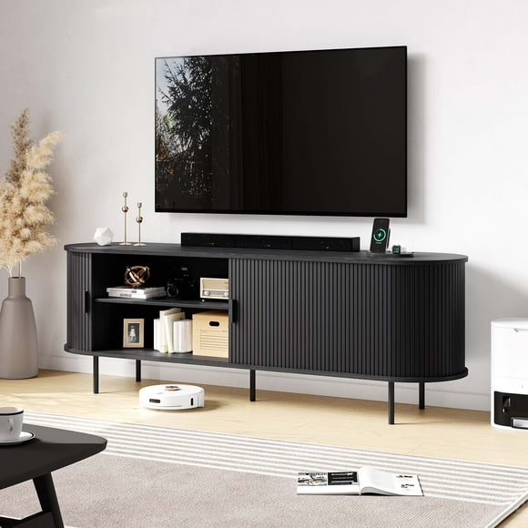 MARNUR 63" TV Stand for 70" TV, Wood Entertainment Center with Storage and Shelves, 2 Sliding Tambour Doors, Mid-Century Modern, Black