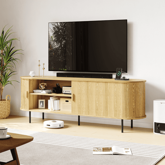 MARNUR 63" TV Stand for 70" TV, Wood Entertainment Center with Storage and Shelves, 2 Sliding Tambour Doors, Mid-Century Modern, Oak