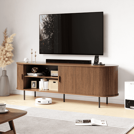 MARNUR 63" TV Stand for 70" TV, Wood Entertainment Center with Storage and Shelves, 2 Sliding Tambour Doors, Mid-Century Modern, Walnut