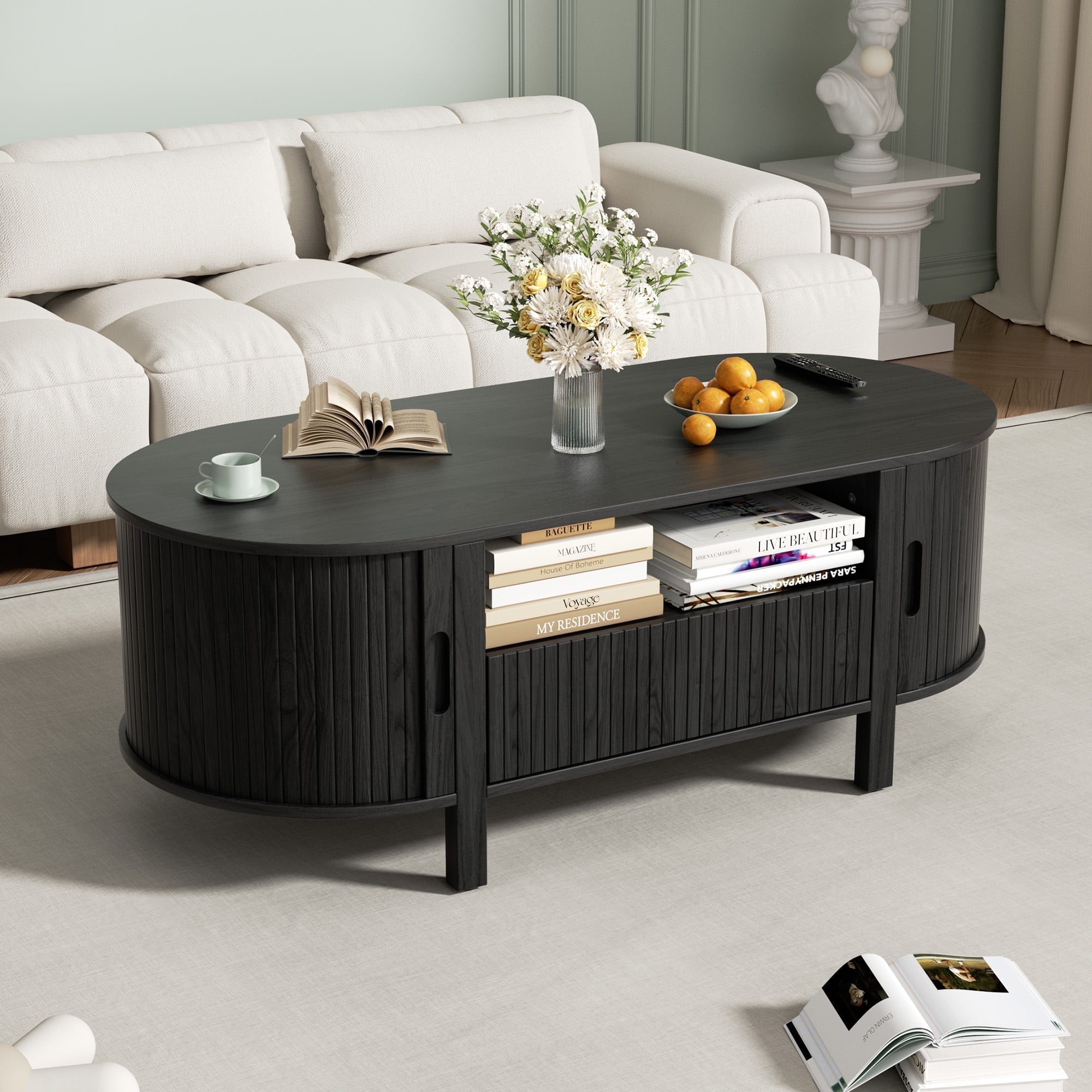 MARNUR Coffee Table with Storage, Tambour Sliding Door, Open Shelf