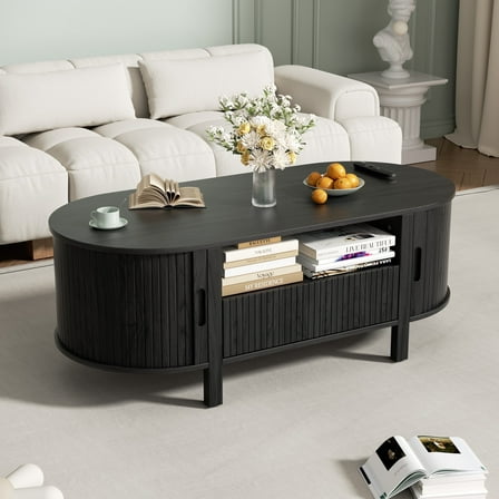 MARNUR Coffee Table with Storage, Tambour Sliding Door, Open Shelf, Mid Century Modern Center Table with Drawer for Living Room, Black
