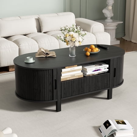 MARNUR Coffee Table with Storage, Tambour Sliding Door, Open Shelf, Mid Century Modern Center Table with Drawer for Living Room, Black