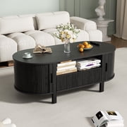 MARNUR Coffee Table with Storage, Tambour Sliding Door, Open Shelf, Mid Century Modern Center Table with Drawer for Living Room, Black