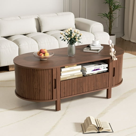 MARNUR Coffee Table with Storage, Tambour Sliding Door, Open Shelf, Mid Century Modern Center Table with Drawer for Living Room, Walnut