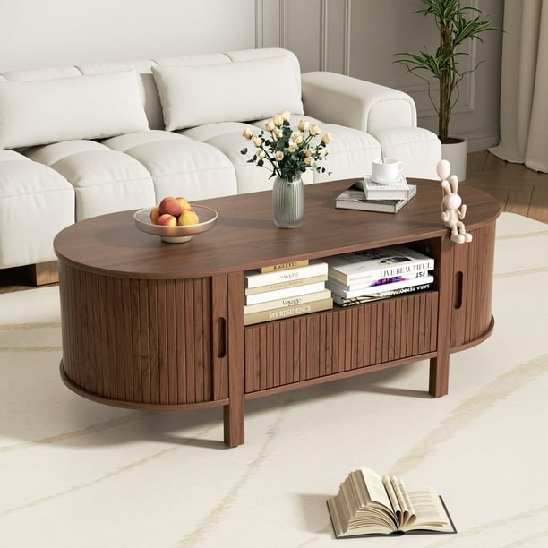 MARNUR Coffee Table with Storage, Tambour Sliding Door, Open Shelf
