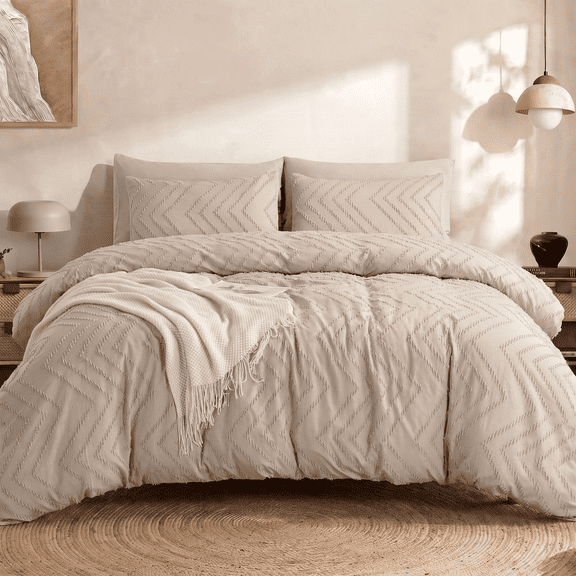 MARNUR Queen Comforter Set, 7 Pieces Boho Tufted Bed in a Bag, All-Season Prewashed Soft Bedding Set with Comforter, Sheets, Pillowcases & Shams, Beige