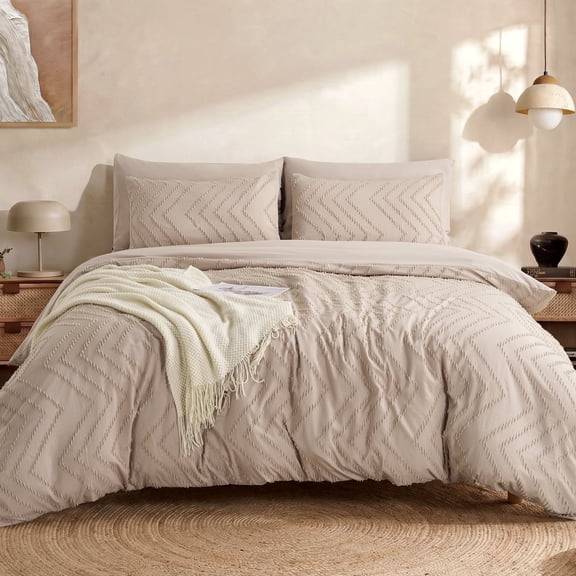 MARNUR Comforter Set Queen Size, 7 Pieces Boho Tufted Bed in a Bag Prewashed Cotton-Like Soft Bedding Set with Comforter, Sheets, Pillowcases & Shams, Beige