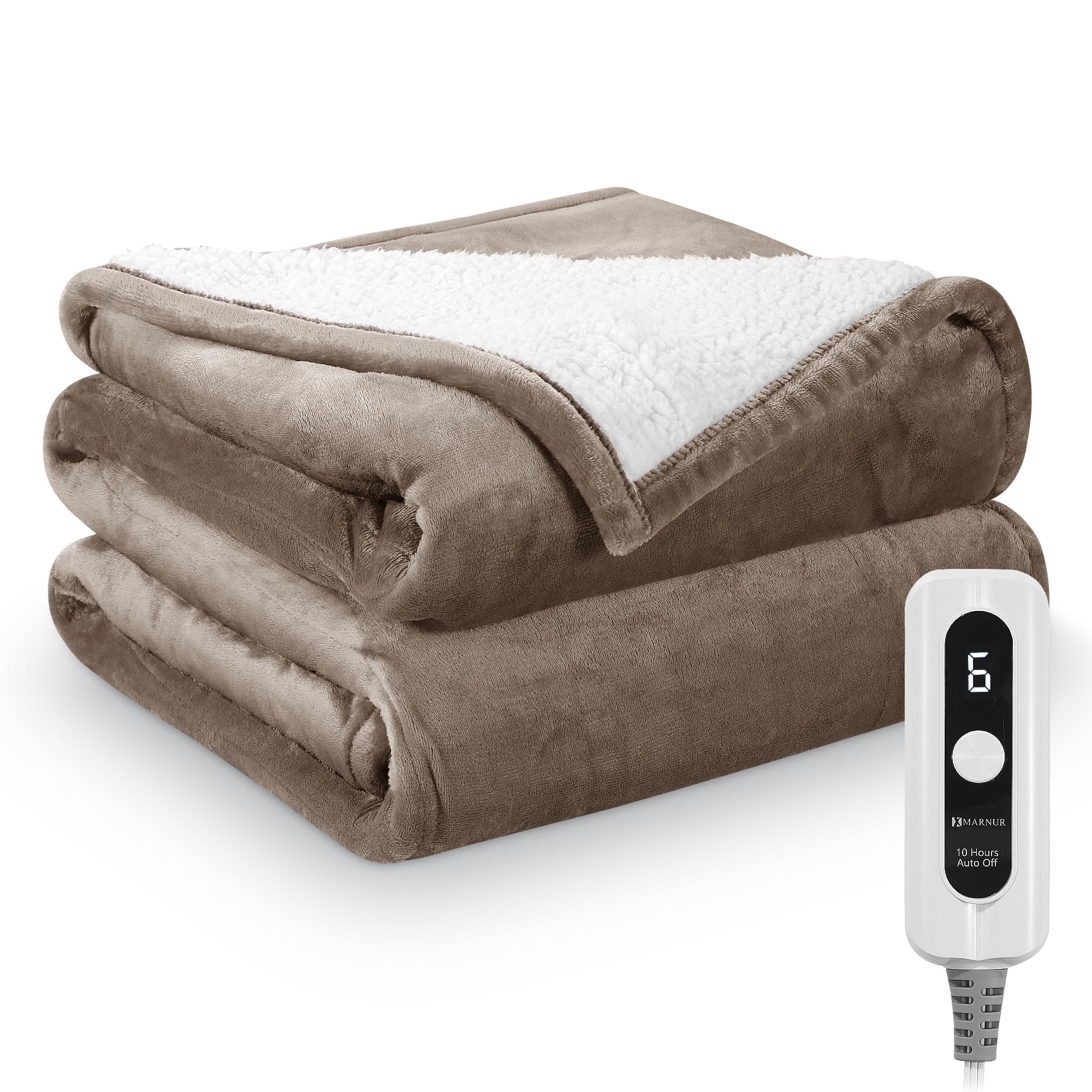 MARNUR Heated Blanket Full Size 72" x 84", Flannel & Shu Velvet Electric Blanket with Fast Heating, 6 Heating Levels, 10 Hours Timer, Linen