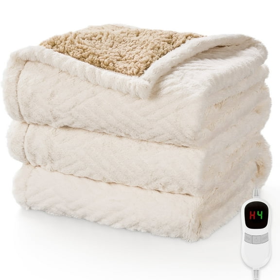 MARNUR Heated Blanket Full Size 72"x84", Jacquard Faux Fur & Sherpa Electric Blanket with 10 Heat Levels, 10H Timer, Machine Washable, White