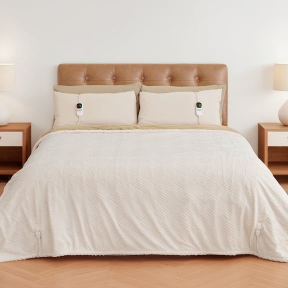 MARNUR Heated Blanket Queen Size 84"x90", Jacquard Faux Fur & Sherpa Electric Blanket with Dual Controllers,10 Heat Levels & 10H Timer, Machine Washable, White