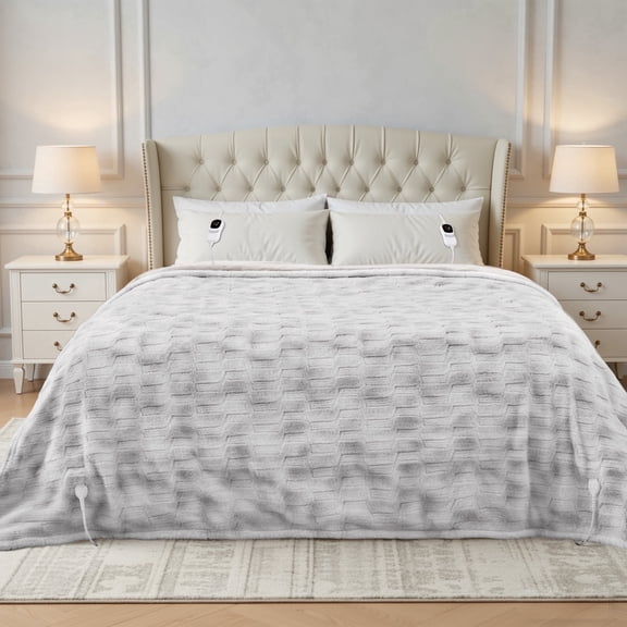 MARNUR Heated Blanket Queen,84"x90" Faux Fur Electric Blanket, Fast Heating with Dual Controllers,10 Heating Levels, 10 Hours Timer, Gray