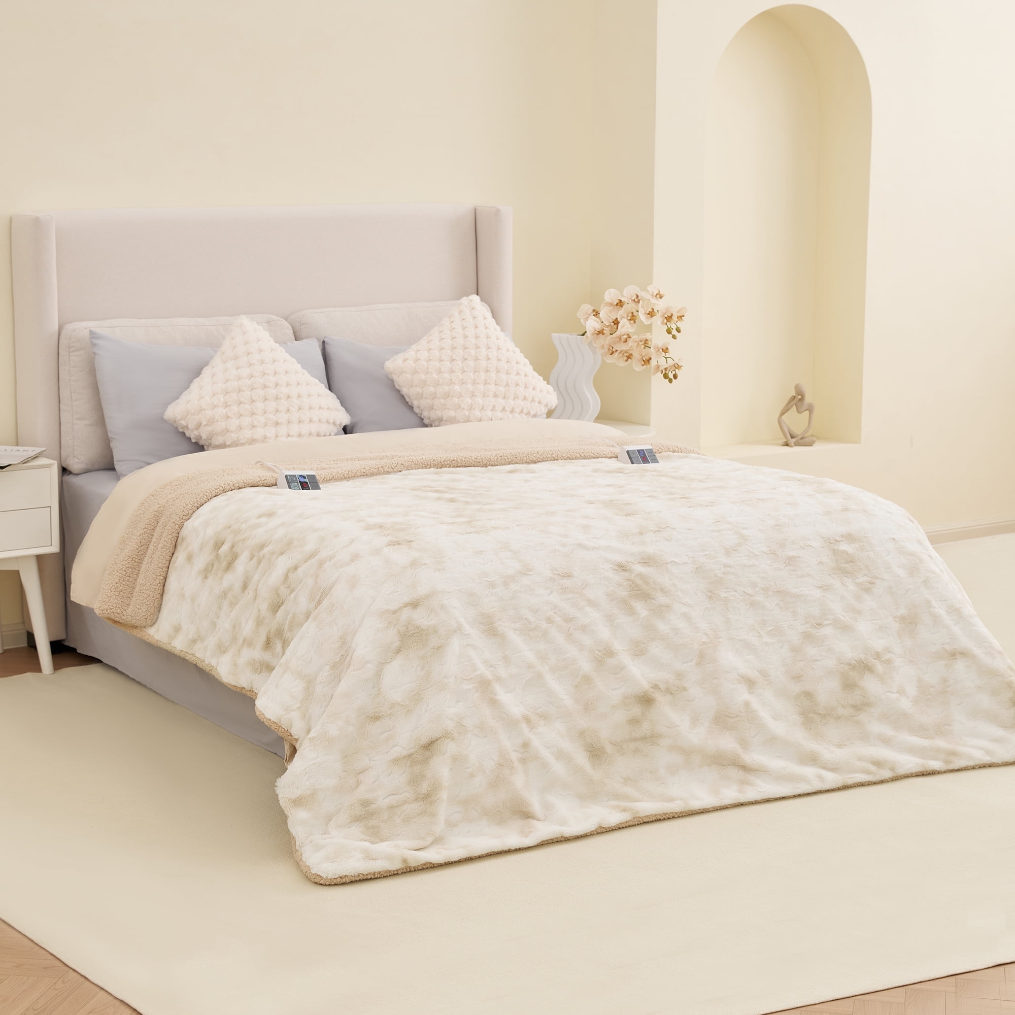 MARNUR Heated Blanket Queen Size 84" x 90", Faux Fur & Sherpa Electric Blanket with Dual Controllers, 10 Heat Levels, 10H Timer, Tie-Dye Off White