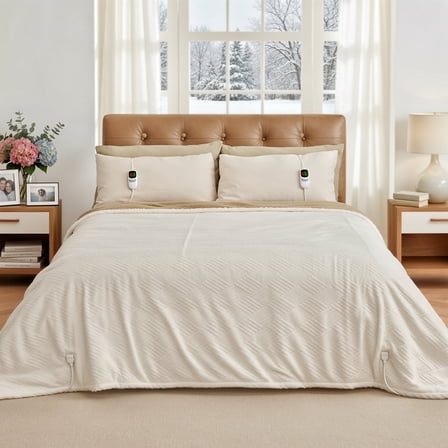 MARNUR Heated Blanket King Size 90"x100", Jacquard Faux Fur & Sherpa Electric Blanket with Dual Controllers,10 Heat Levels & 10H Timer, Machine Washable, White