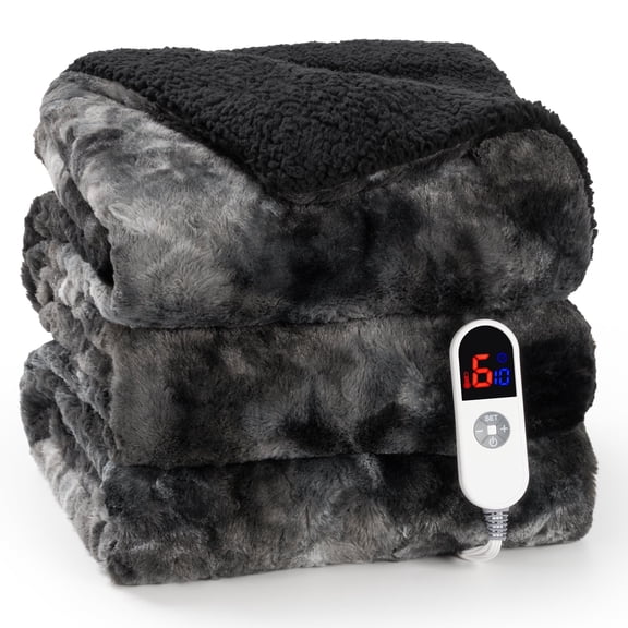 MARNUR Heated Blanket 72"x84" Faux Fur & Sherpa Electric Blanket with 6 Heat Levels, 10H Timer, LED Display, Machine Washable, Tie-Dye Black