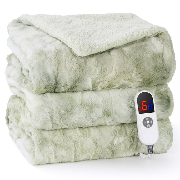 MARNUR Heated Blanket 72"x84" Faux Fur & Sherpa Electric Blanket with 6 Heat Levels, 10H Timer, LED Display, Machine Washable, Tie-Dye Green