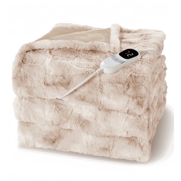 MARNUR Heated Blanket Full, Faux Fur Electric Blanket,10 Heating Levels, 10 Hours Timer, Machine Washable, 72"x84", Khaki