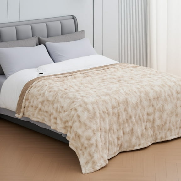 MARNUR Heated Blanket Full, Faux Fur Electric Blanket,10 Heating Levels, 10 Hours Timer, Machine Washable, 72"x84", Khaki