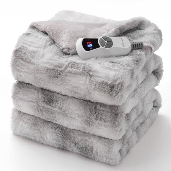 MARNUR Heated Blanket Electric Throw Extra Large Size 50"x72", Soft Faux Fur Heated Throw with 6 Heating Levels 4 Hours Timer Machine Washable, Gray