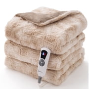 MARNUR Heated Blanket Electric Throw Extra Large Size 50"x72", Soft Faux Fur Heated Throw with 6 Heating Levels 4 Hours Timer Machine Washable, Khaki