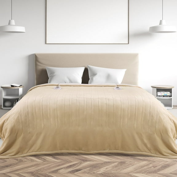 MARNUR Electric Heated Blanket Queen Size 84''x90'', Fast Heating with Dual Controllers, 10 Heating Levels, 10H Timer, Preheat Function - Beige