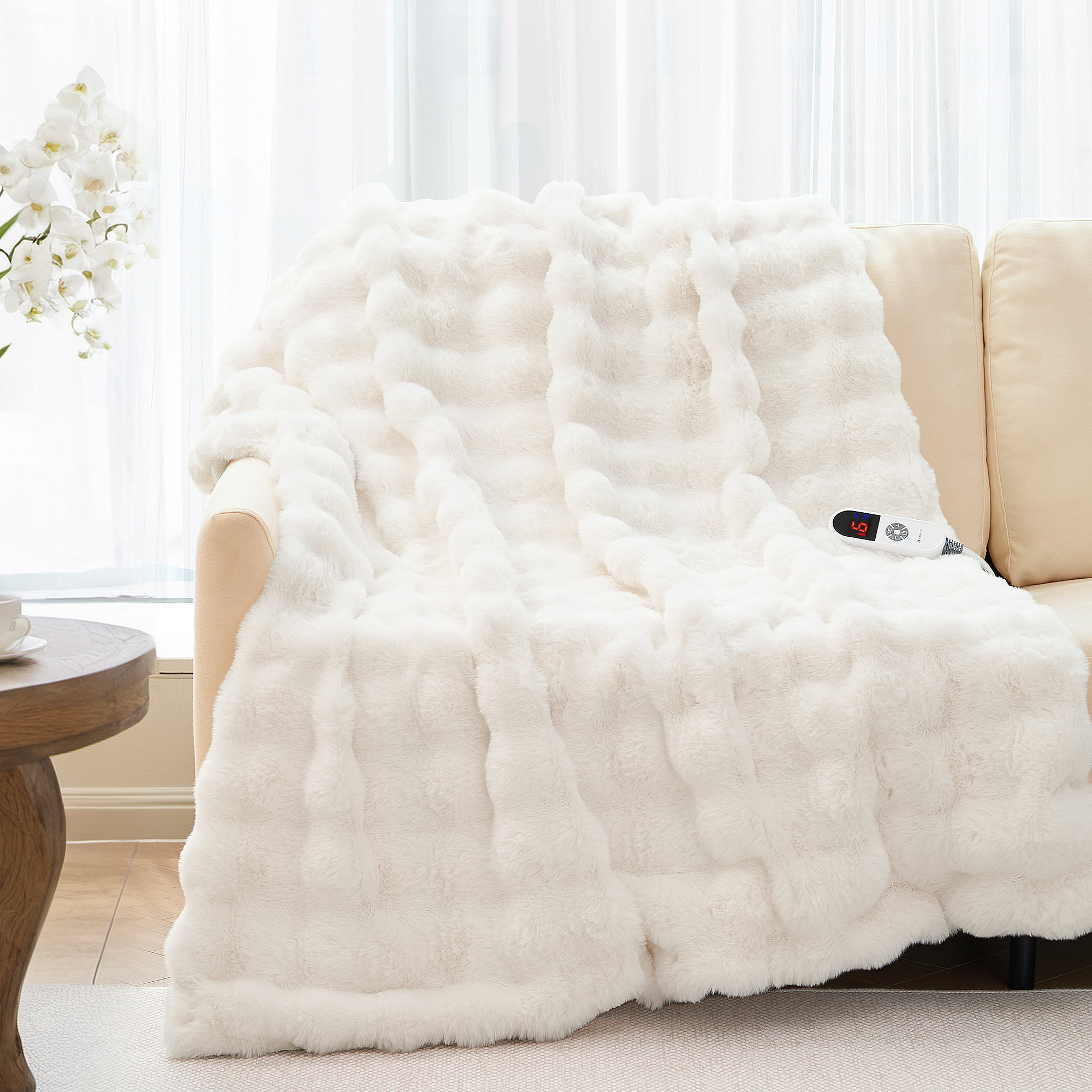 MARNUR Electric Throw Blanket 50"x60", Faux Fur Heated Throw, 6 Heating Levels, 4 Hours Timer, Machine Washable, White - Walmart.com