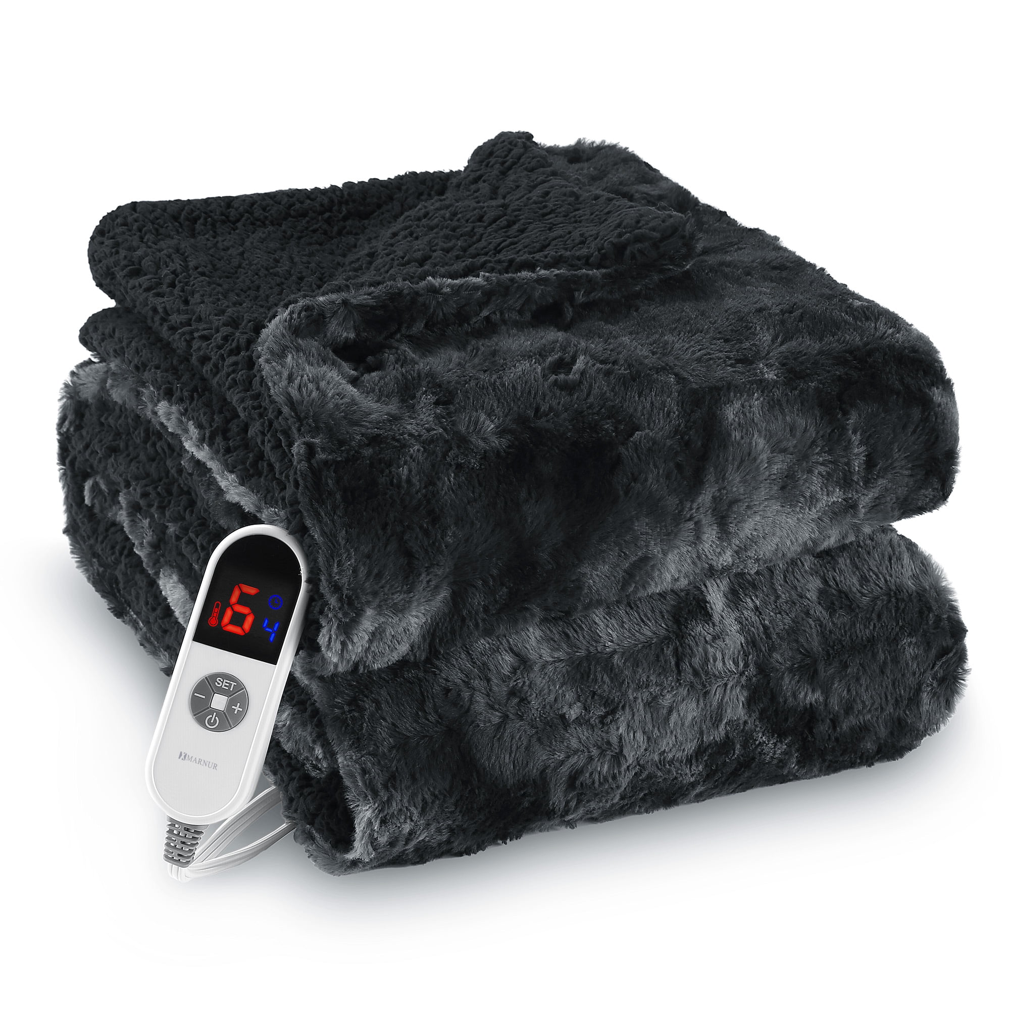MARNUR Heated Blanket Electric Throw 50" x 60", Soft Faux Fur & Shu Velvet Heated Throw Blanket, 6 Heating Levels, 4 Hours Timer, Tie-Dye Off Black